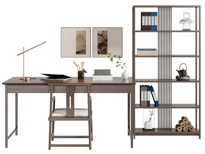 新中式书桌椅组合 书柜3d模型 新中式书桌椅组合 书柜