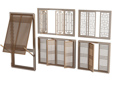 新中式木制边框的平开窗户 窗格 镂花窗3d模型 新中式木制边框的平开窗户 窗格 镂花窗