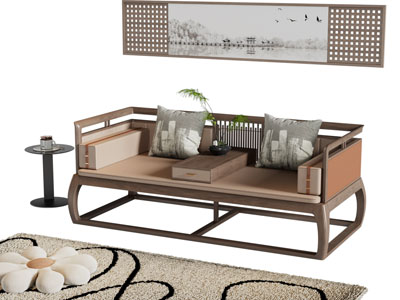 新中式罗汉床 双人沙发 边几 挂画3d模型 新中式罗汉床 双人沙发 边几 挂画