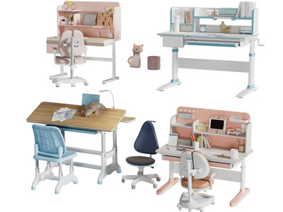 现代学生可升降书桌椅组合3d模型 现代学生可升降书桌椅组合