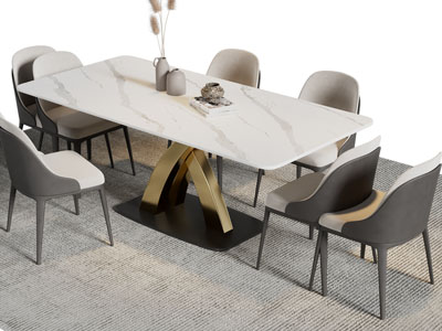 现代长方形大理石餐桌椅组合3d模型 现代长方形大理石餐桌椅组合