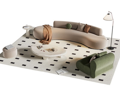 侘寂风弧形多人沙发 单人沙发和茶几组合