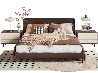 现代中古风实木双人床 床头柜