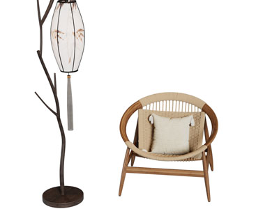 侘寂风藤编休闲椅子 落地灯