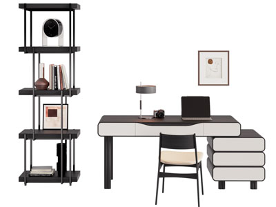 现代书桌椅组合 开放式装饰置物架3d模型 现代书桌椅组合 开放式装饰置物架