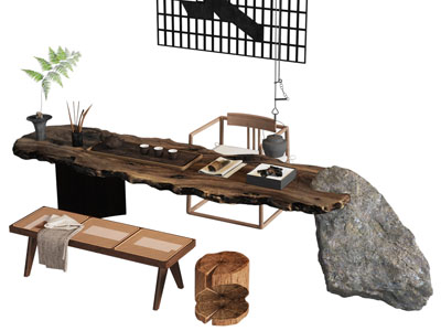 侘寂风原木拼接岩石茶桌椅组合3d模型 侘寂风原木拼接岩石茶桌椅组合