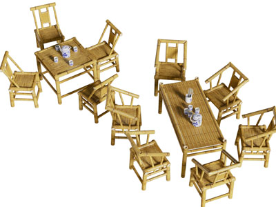 新中式竹编餐桌椅组合3d模型 新中式竹编餐桌椅组合