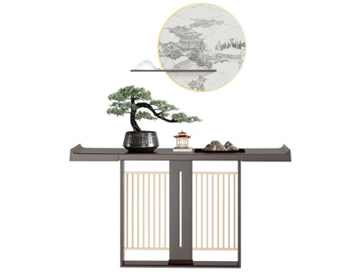 新中式端景台 盆景盆栽摆件组合3d模型 新中式端景台 盆景盆栽摆件组合