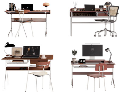 现代中古电脑桌 书桌椅组合3d模型 现代中古电脑桌 书桌椅组合