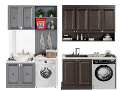 新中式阳台洗手盆 洗衣机收纳柜