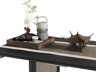 新中式托盘茶壶茶具杯子 摆件组合3d模型 新中式托盘茶壶茶具杯子 摆件组合