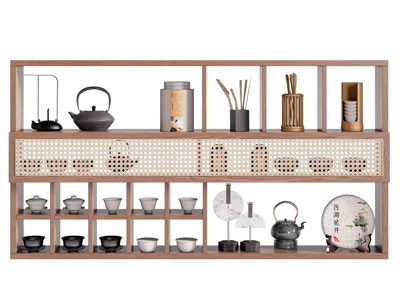侘寂风墙面收纳架 茶壶 茶杯 茶饼 茶具置物架