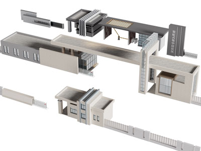 现代带保安厅警卫室的社区大门3d模型 现代带保安厅警卫室的社区大门