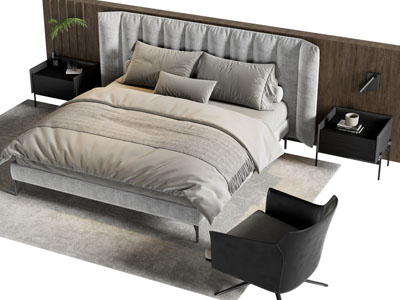 现代布艺双人床 床头柜