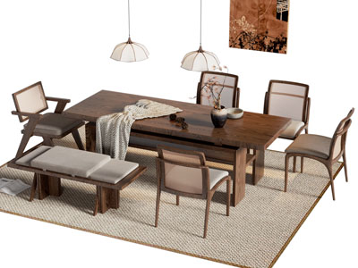 现代中古风实木餐桌椅组合3d模型 现代中古风实木餐桌椅组合