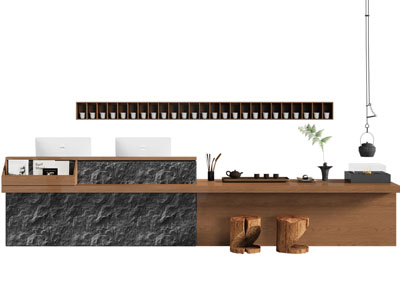 新中式前台接待台 茶桌椅组合3d模型 新中式前台接待台 茶桌椅组合