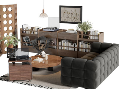 现代中古书柜 多人沙发和圆形茶几组合