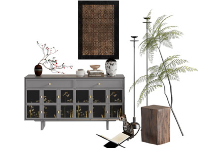 侘寂风玄关柜 边柜 落地灯3d模型 侘寂风玄关柜 边柜 落地灯