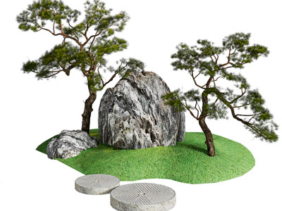 新中式假山 松树 草地景观园艺小品