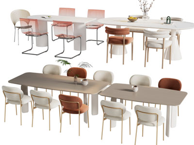现代轻奢长方形 椭圆形餐桌椅组合3d模型 现代轻奢长方形 椭圆形餐桌椅组合