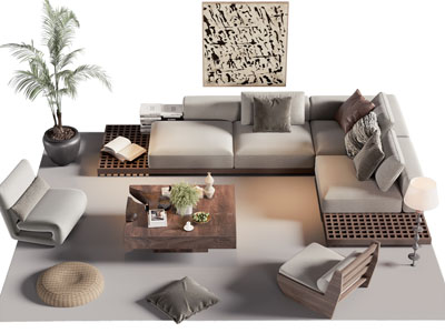 侘寂风转角多人沙发 休闲椅子和茶几组合