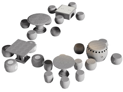 新中式户外方形 圆形休闲石桌椅组合3d模型 新中式户外方形 圆形休闲石桌椅组合