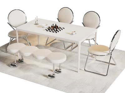 现代奶油风长方形餐桌椅组合3d模型 现代奶油风长方形餐桌椅组合
