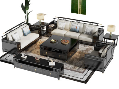 新中式多人 双人沙发 电视柜和茶几组合