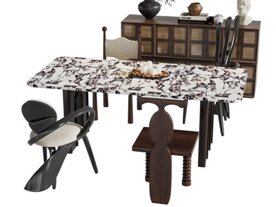 现代中古大理石餐桌椅组合 餐边柜3d模型 现代中古大理石餐桌椅组合 餐边柜