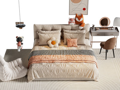 现代布艺双人床 梳妆台