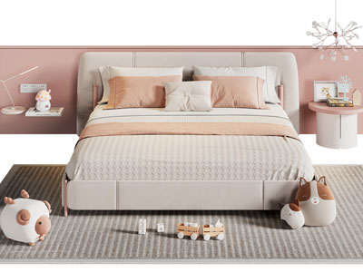 现代布艺双人床 床头柜