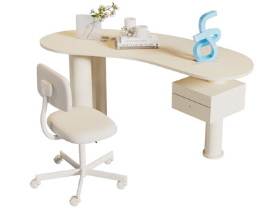 侘寂风奶油风书桌椅组合3d模型 侘寂风奶油风书桌椅组合