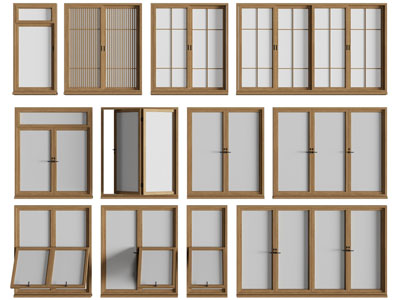 现代实木边框推拉窗 平开窗户3d模型 现代实木边框推拉窗 平开窗户