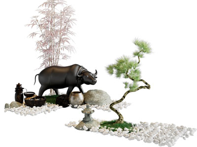 新中式石头 松树竹子 水牛雕塑 景观园艺小品