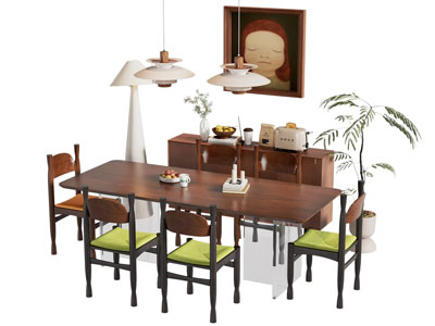 现代中古风长方形餐桌椅组合3d模型 现代中古风长方形餐桌椅组合