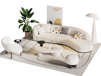 现代奶油风多人沙发 休闲椅子和茶几组合