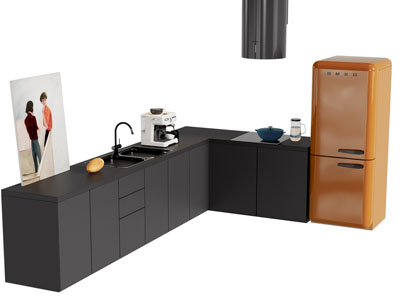 现代L形整体橱柜 冰箱