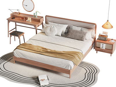 北欧实木双人床 床头柜 梳妆台