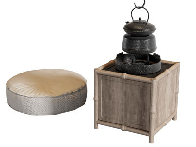 侘寂风围炉煮茶 蒲团 茶壶 茶具杯子3d模型 侘寂风围炉煮茶 蒲团 茶壶 茶具杯子