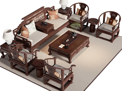 中式罗汉床 圈椅和茶几组合