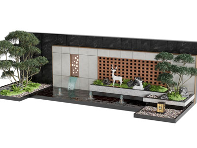 新中式庭院景观墙 瀑布 小鹿雕塑 花草树木景观园艺小品