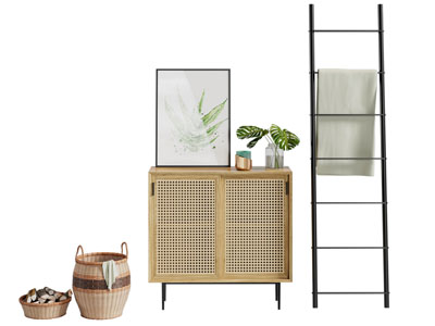 侘寂风玄关柜 边柜 梯子 收纳筐3d模型 侘寂风玄关柜 边柜 梯子 收纳筐