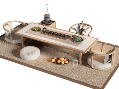 新中式长方形茶桌椅组合3d模型 新中式长方形茶桌椅组合