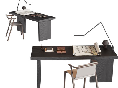 新中式书桌椅组合3d模型 新中式书桌椅组合