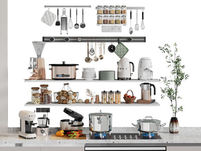 现代厨房电器 碗碟 调料瓶 厨具摆件组合3d模型 现代厨房电器 碗碟 调料瓶 厨具摆件组合