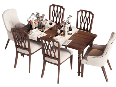 美式长方形餐桌椅组合3d模型 美式长方形餐桌椅组合