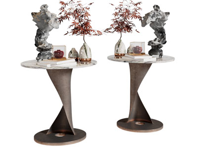 新中式圆形边几 摆件组合3d模型 新中式圆形边几 摆件组合