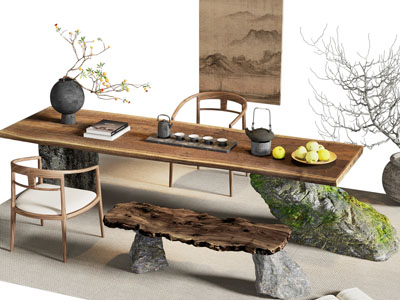 侘寂风茶桌椅组合3d模型 侘寂风茶桌椅组合