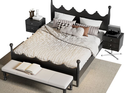 法式双人床 床头柜 床尾凳