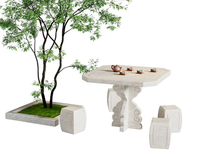 新中式石雕茶桌椅组合 景观树池3d模型 新中式石雕茶桌椅组合 景观树池